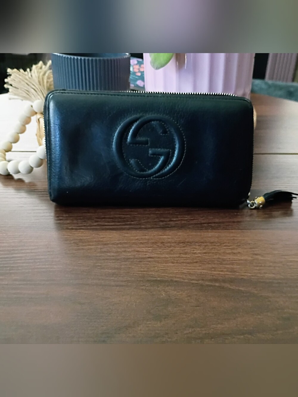 Gucci Soho Black Pebbled Leather Zip Around Wallet Tassel (As-Is)